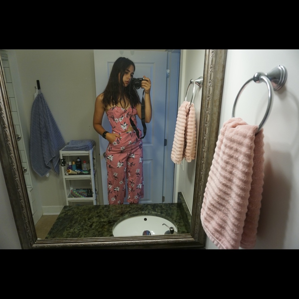 Strapless, red and white striped jumpsuit